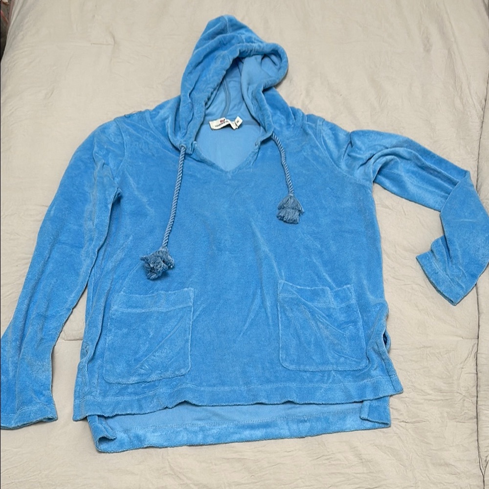 Vineyard Vines Blue Velour V-Neck Hoodie Sweater
